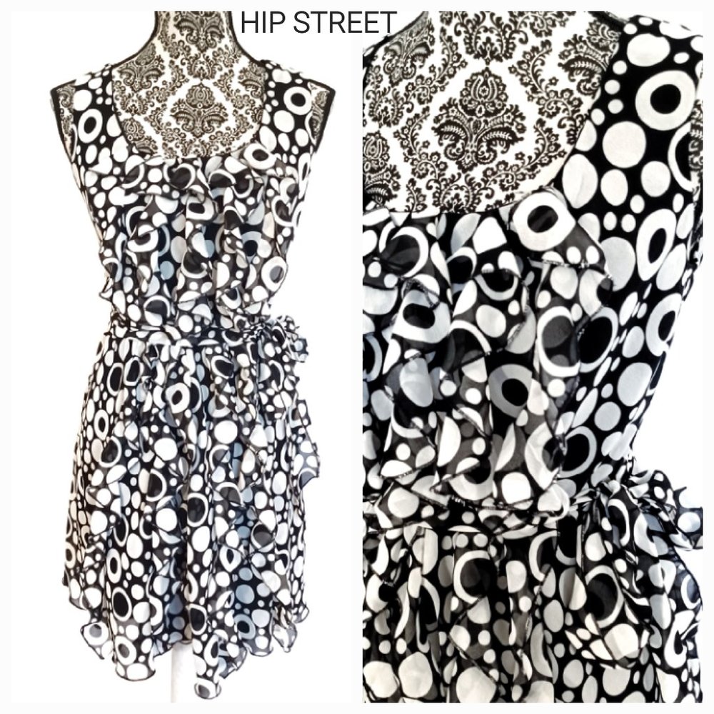 ROBBIE BEE Dot Chiffon Ruffle Front Bias Cut Sleeveless Day Party Dress 4P NWOT